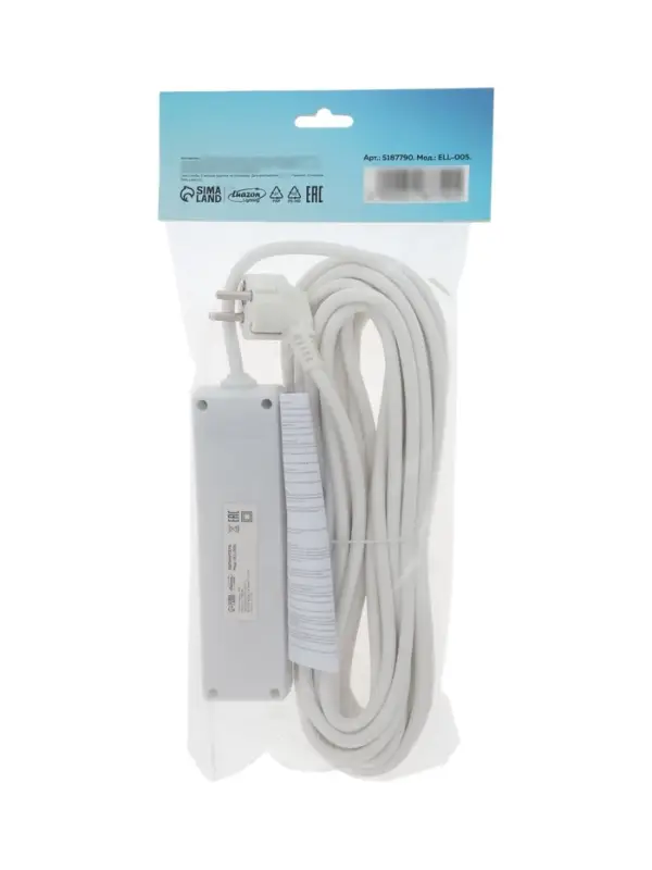 Удлинитель Luazon Lighting, 3 розетки, 10 м, 6 А, 1300 Вт, 3&times;0.75 мм2, с заземлением, с выключателем, белый