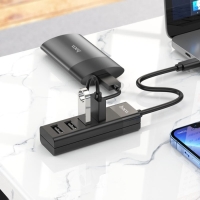 Адаптер Hoco HB25, 4 в 1, Type-C to USB3.0/USB2.0*3, длина кабеля 30 см, чёрный