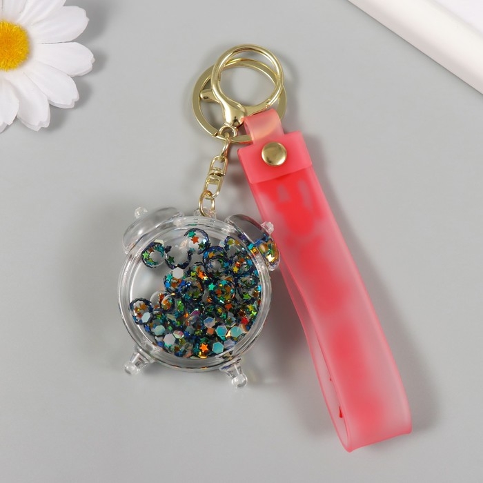 Брелок пластик с карабином, ремешком "Часики" водный с глиттером 5х5х2 см