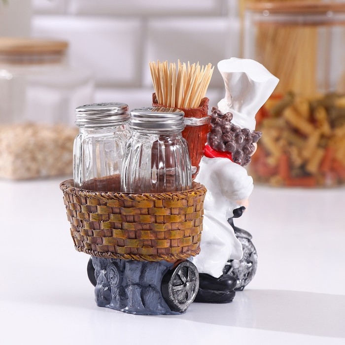 Набор для специй на подставке «Повар», 3 предмета: солонка 50 мл, перечница 50 мл, подставка с ёмкостью для зубочисток, фигурка МИКС Набор для специй на подставке «Повар», 3 предмета: солонка 50 мл, перечница 50 мл, подставка с ёмкостью для зубочисток, фигурка МИКС