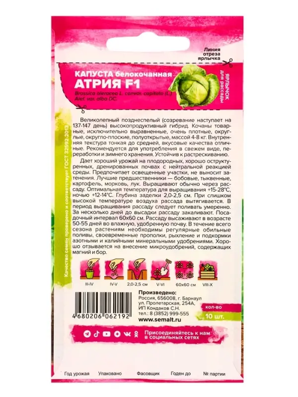 Семена Капуста белокочанная &laquo;Атрия&raquo; F1, 10 шт. &laquo;Семена Алтая&raquo;
