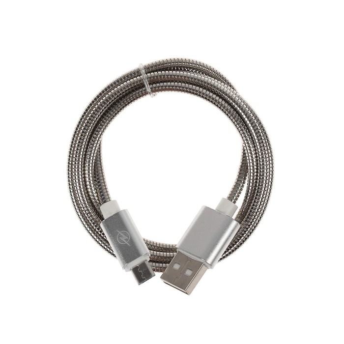 Кабель Luazon, microUSB - USB, 1 А, 1 м, оплётка металл, цвет: серебро