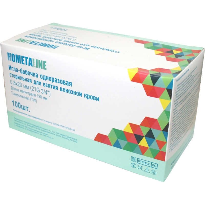 Игла-бабочка д/вз.вен.кр 0,8х20 мм (21Gx3/4) д/м 190 мм KOMETALINE 100шт/уп