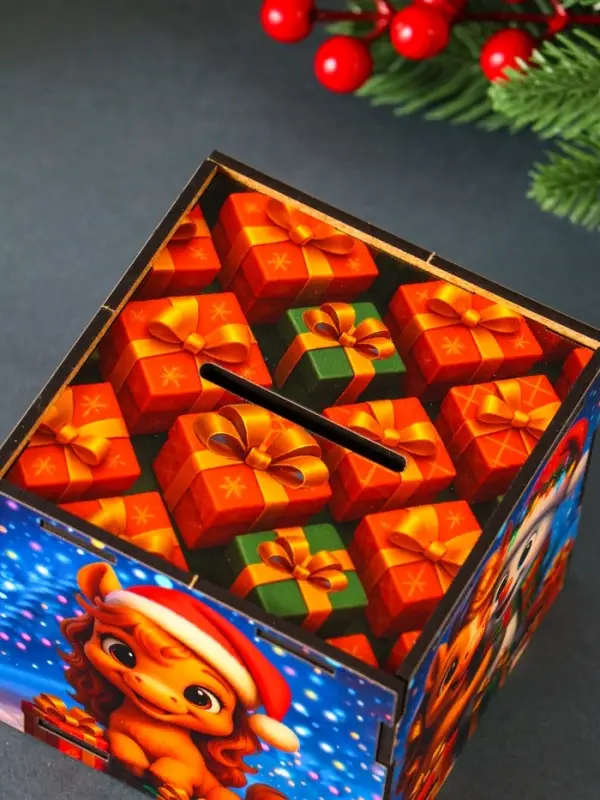 Новогодняя копилка куб "Снеговик с коняшкой" 10х10х10 см (набор 7 деталей)