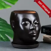 Декоративный горшок для цветов &laquo;Голова&raquo;, 1.3 л, 16&times;14&times;15 см, керамический, с поддоном, тёмно-коричневый