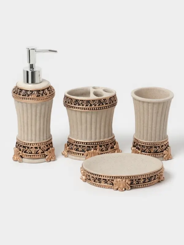 Аксессуары для ванной &laquo;Вензеля&raquo;, 4 предмета, дозатор 200 мл, мыльница, 2 стакана, бежевые