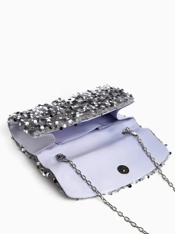 Сумка-клатч вечерняя на магните, на цепочке, с пайетками, серебристая