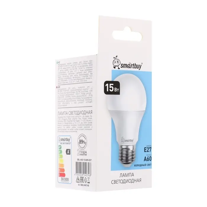Лампа светодиодная Smartbuy, Е27, А60, 15 Вт, 6000 К, холодный белый свет
