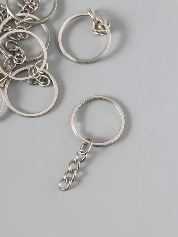 Основа для брелока, с цепочкой, плоская, d=25 мм, 10 шт., цвет серебряный