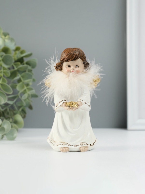 Сувенир полистоун "Ангелочек со звёздами в ладонях" пух, золотые крылья 8,5х7х13 см