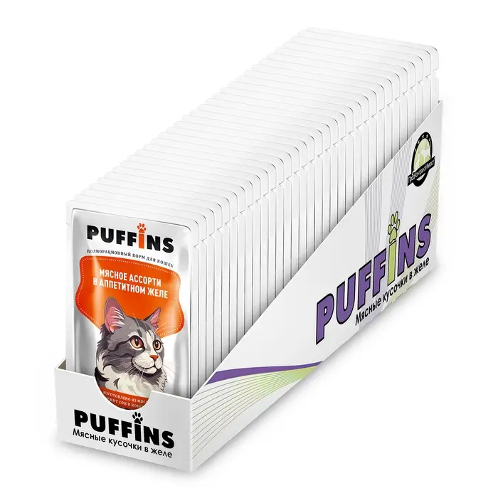 Влажный корм Влажный корм "Puffins" для кошек, мясное ассорти в желе, 75 г