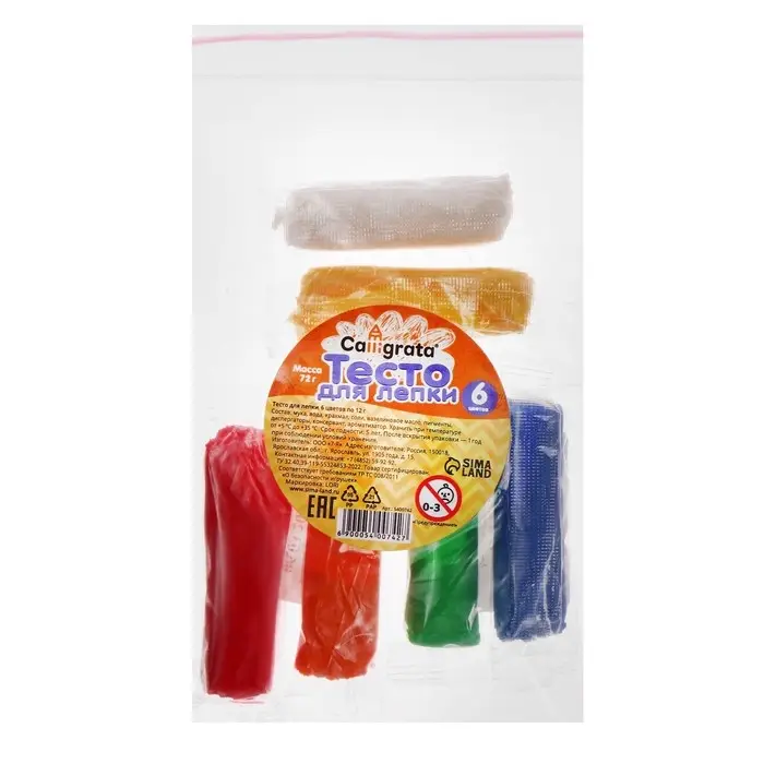 Тесто для лепки 6 цветов, 72 г Calligrata (на растительной основе), пакет зип-лок Тесто для лепки 6 цветов, 72 г Calligrata (на растительной основе), пакет зип-лок