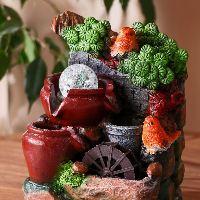 Фонтан "Птички в долине прохлады" каменная стена, 15х15х20 см (с подсветкой)