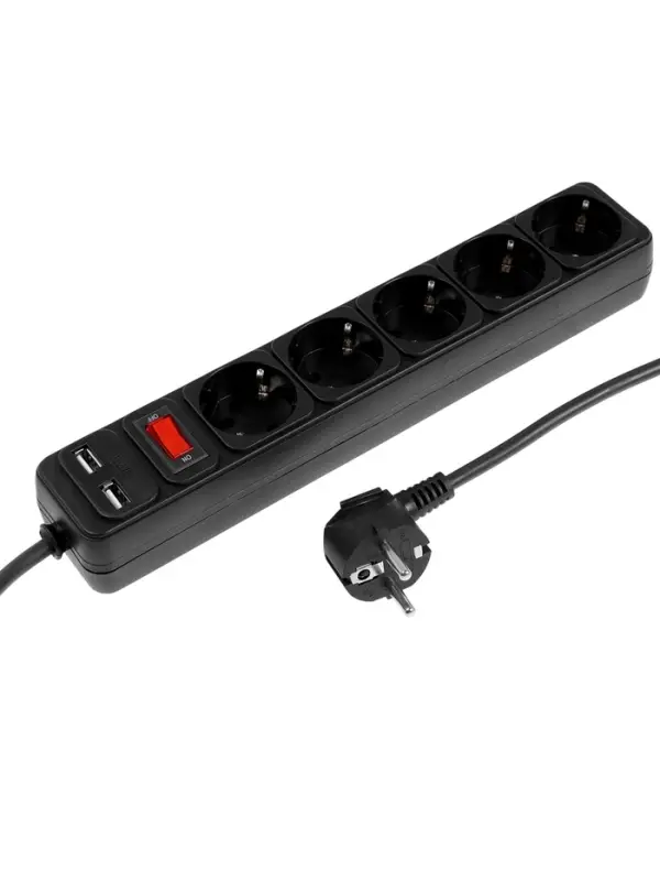 Сетевой фильтр TANGO, 5 гнезд с 2&times;USB, 1,8м, 10 А, 2200 Вт, с з/к, черный