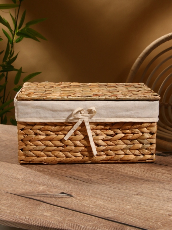 Корзинка прямоугольная с крышкой и тканевым подкладом, 33х22х14 см, водный гиацинт