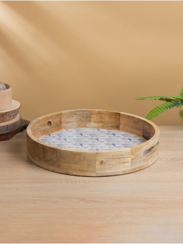 Поднос круглый с бортиками Поднос круглый с бортиками "Синие птицы" дерево манго 35х35х6,5 см