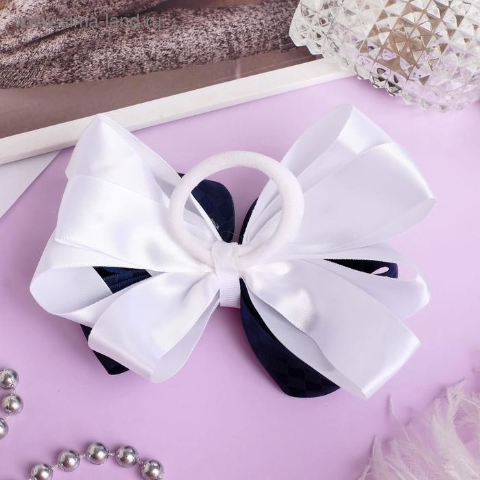 Резинка для волос "Школьница" бант клеточка, 13 см, бело-синий