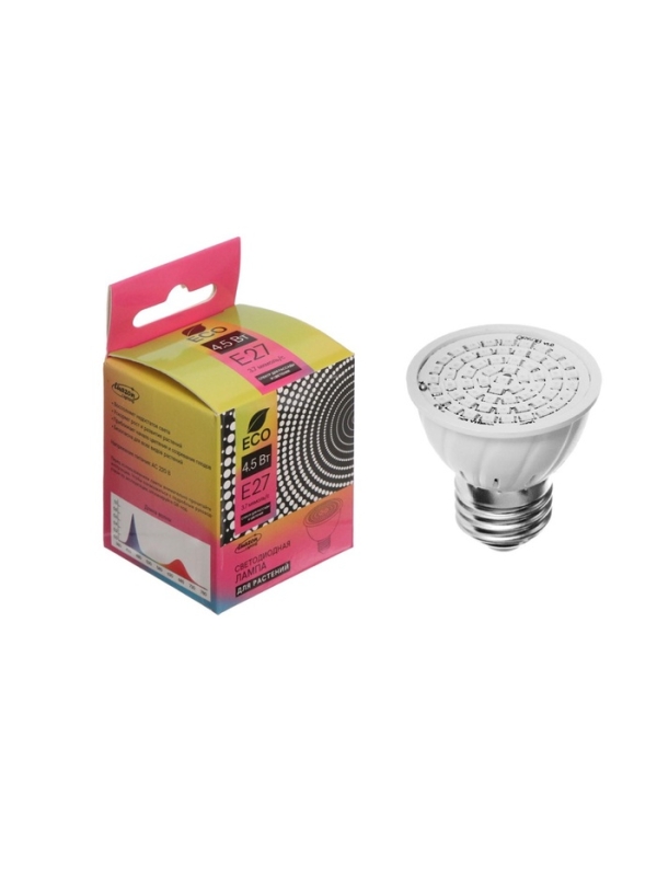 Фитолампа для растений Luazon, светодиодная, E27, 4.5 Вт, IP44, 220 В, 270°, биколорная Фитолампа для растений Luazon, светодиодная, E27, 4.5 Вт, IP44, 220 В, 270°, биколорная