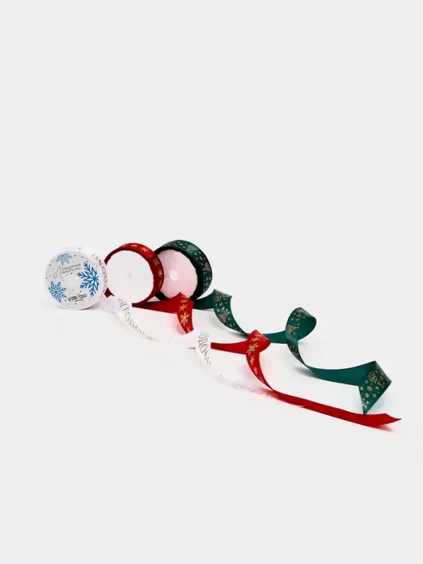 Набор атласных лент, 3 шт., &laquo;С Новым годом&raquo;, 2 см &times; 5 м, тиснение