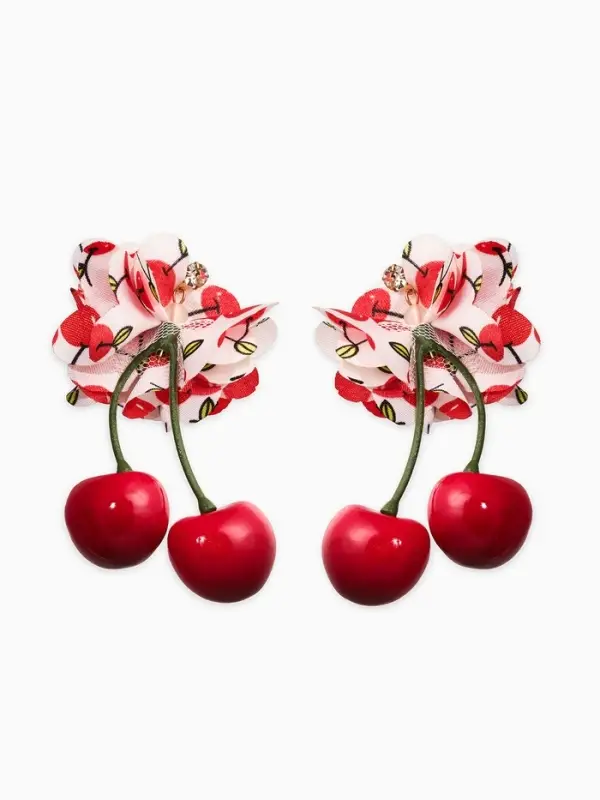 Серьги Серьги "Вишня с цветами" текстиль, цветные в золоте
