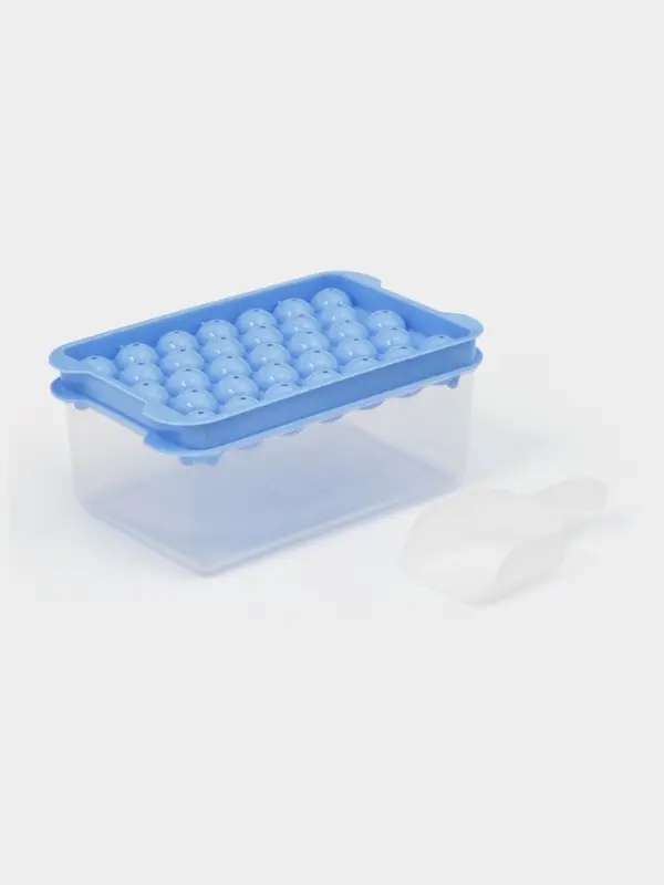 Форма для льда Доляна, с контейнером и совком, 19.1&times;11.6&times;8.5 см, ячейка d=2.1 см, пластик, голубая