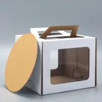 Коробка под торт 2 окна, с ручками, белая, + подложка 2.5 золото - белый, 24&times;24&times;20 см