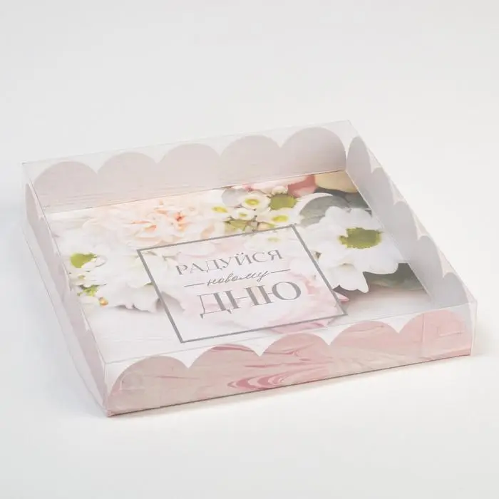 Коробка для печенья, кондитерская упаковка с пластиковой крышкой, «Радуйся новому дню», 18 х 18 х 3 см Коробка для печенья, кондитерская упаковка с пластиковой крышкой, «Радуйся новому дню», 18 х 18 х 3 см