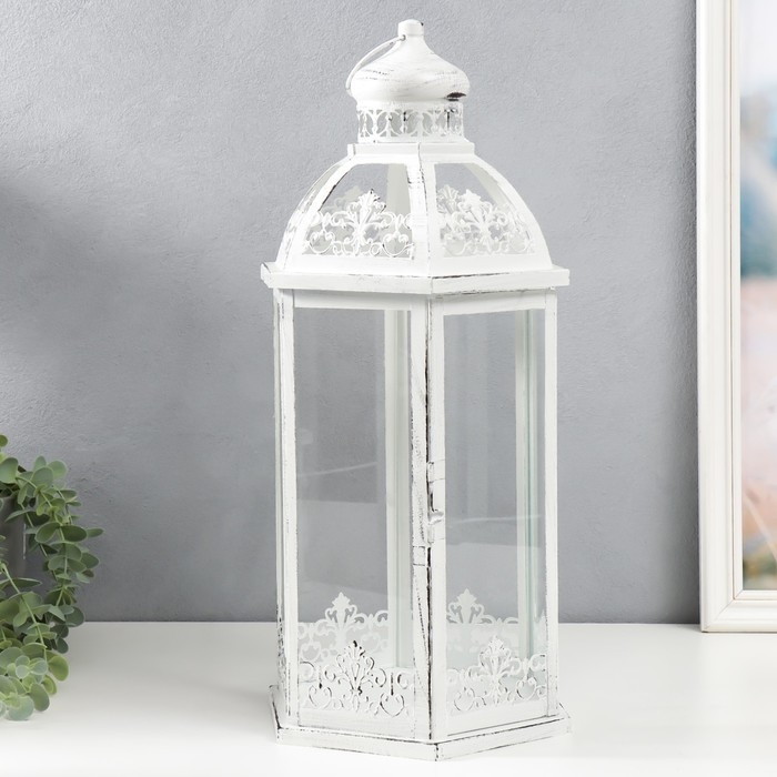 Подсвечник металл, стекло Подсвечник металл, стекло "Фонарь - ажурная башня" н-р 3 шт d-8, 13, 16 см белый 48х23 см