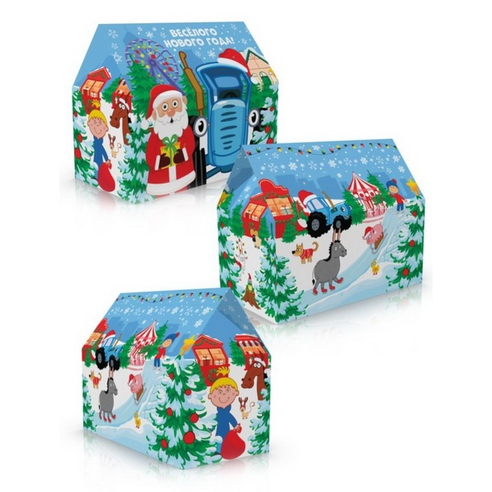 Пакет-коробка, новогодний  Пакет-коробка, новогодний "Веселого Нового года!",37 х 33 х 20 см, Синий трактор