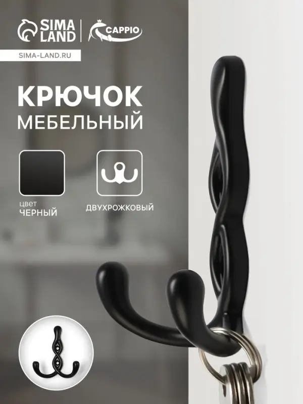 Крючок мебельный CAPPIO PIGTAIL, двухрожковый, цвет черный