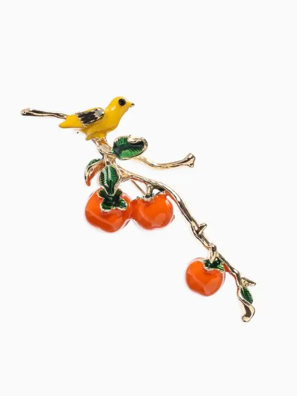 Брошь &laquo;Птица на ветке&raquo; хурма, цвет оранжевый в золоте