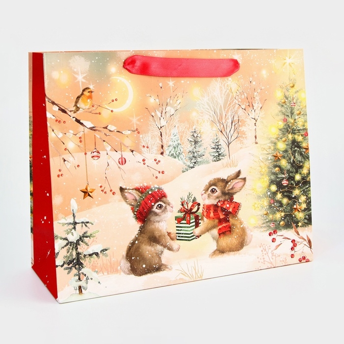 Пакет подарочный новогодний ламинированный "Зайки", 32 х 26 х 12 см.