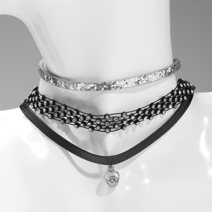 Чокер «Трио» ледяное сердце (набор 3 шт.), цвет чёрно-серебряный, 34 см Чокер «Трио» ледяное сердце (набор 3 шт.), цвет чёрно-серебряный, 34 см