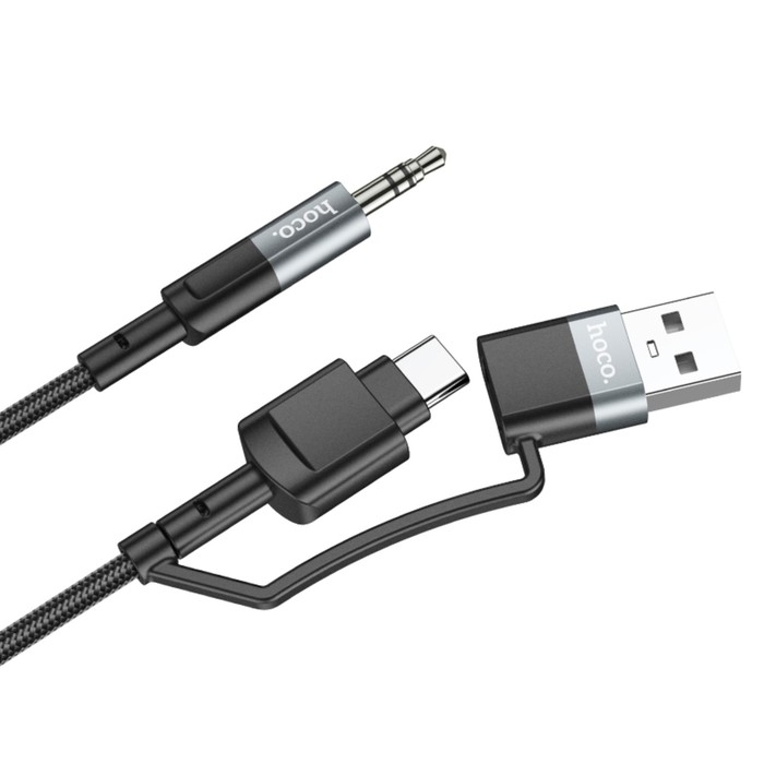 Кабель Hoco UPA23, 2 в 1, Type-C+USB - Jack 3.5 мм (m), 1 м, нейлон, серый Кабель Hoco UPA23, 2 в 1, Type-C+USB - Jack 3.5 мм (m), 1 м, нейлон, серый