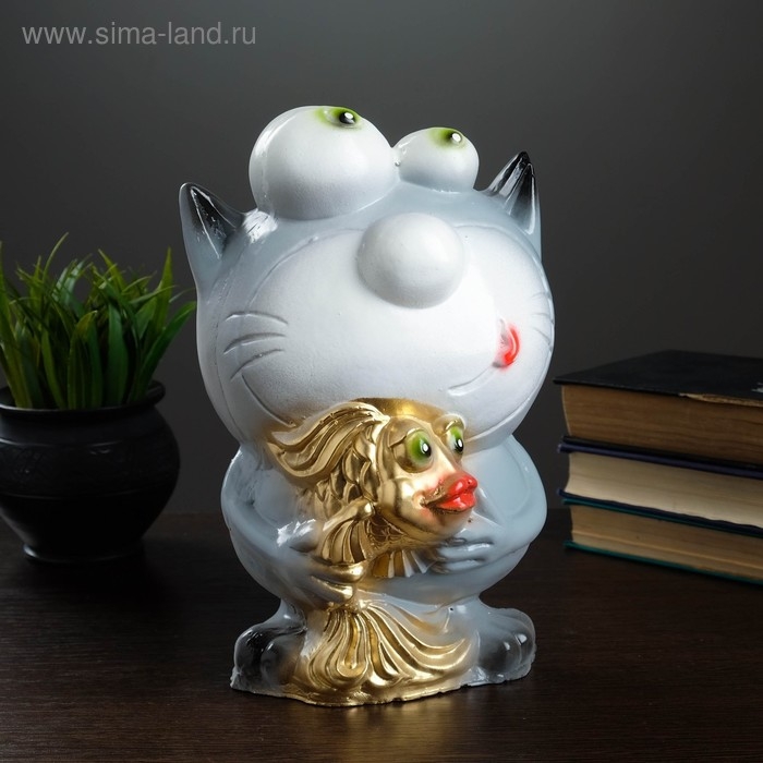 Копилка Копилка "Кот с рыбкой" серый, 16х14х25,5см МИКС