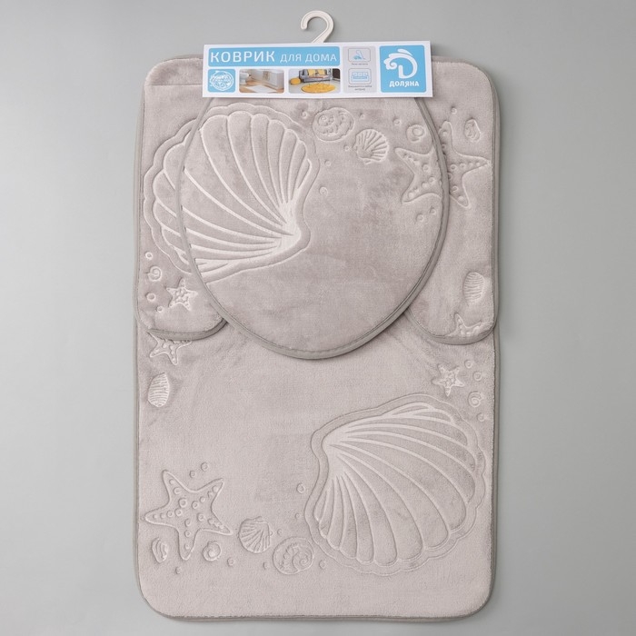 Набор ковриков для ванной и туалета Доляна «Морское дно», 3 шт: 50×80, 50×40, 38×43 см, цвет серый Набор ковриков для ванной и туалета Доляна «Морское дно», 3 шт: 50×80, 50×40, 38×43 см, цвет серый