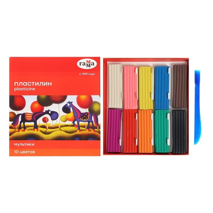 Пластилин 10 цветов 200 г, Гамма  Пластилин 10 цветов 200 г, Гамма "Мультики", со стеком, картонная упаковка 280017