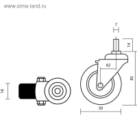 Колесо мебельное, d=50 мм, с футоркой, с фиксатором, серое