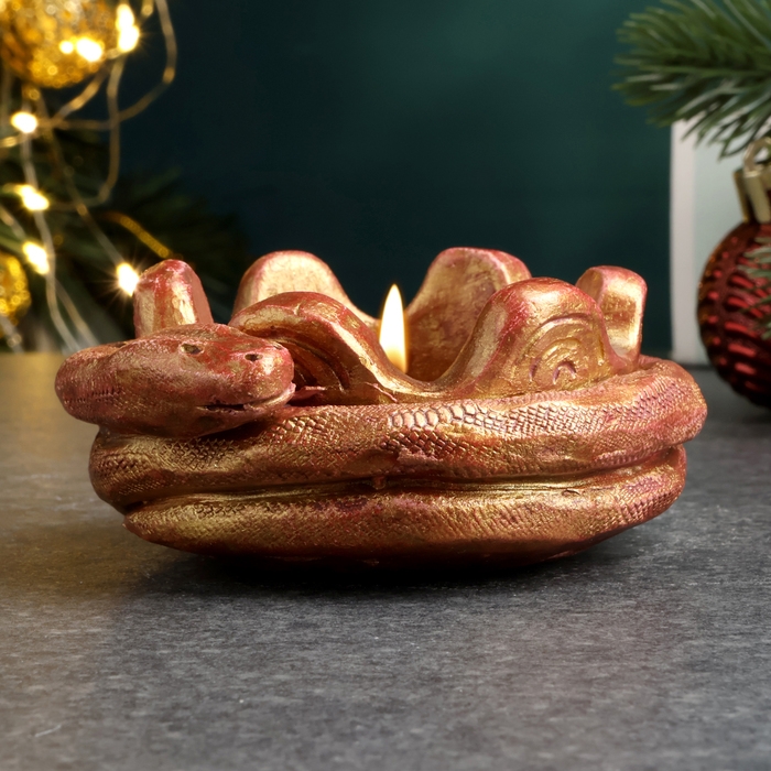Новый год. Символ 2025. Подсвечник новогодний  Новый год. Символ 2025. Подсвечник новогодний "Змея на чаше" бордовый с позолотой, 4х10см