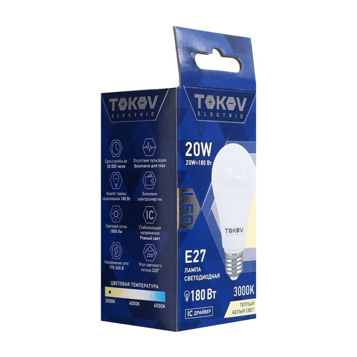 Лампа светодиодная TOKOV ELECTRIC, 20 Вт, А60, 3000 К, Е27, 176-264В Лампа светодиодная TOKOV ELECTRIC, 20 Вт, А60, 3000 К, Е27, 176-264В