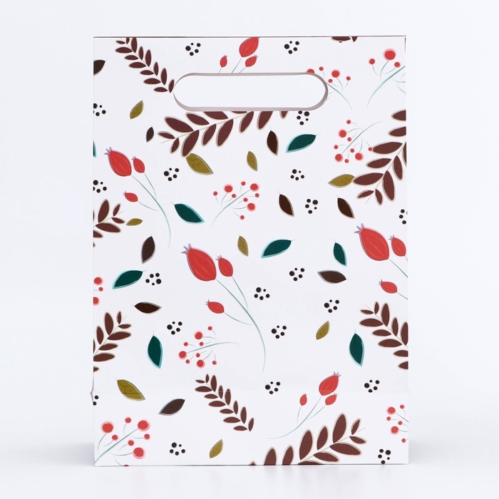 Подарочная коробка-пакет, упаковка с вырубной ручкой, Подарочная коробка-пакет, упаковка с вырубной ручкой, "Весенняя композиция" , 19 х 9 х 27 см