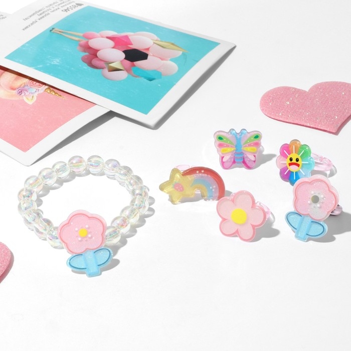 Набор детский «Выбражулька» 6 предметов: браслет, 5 колец, цветики, форма МИКС, цветной Набор детский «Выбражулька» 6 предметов: браслет, 5 колец, цветики, форма МИКС, цветной