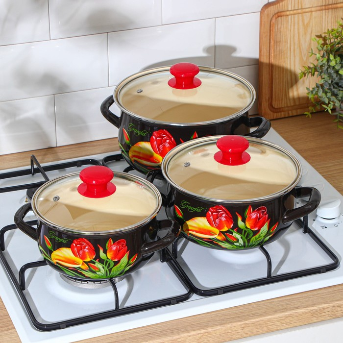 Набор эмалированных кастрюль «Грациозный», 3 предмета: 1,5 л, 2 л, 3 л, индукция Набор эмалированных кастрюль «Грациозный», 3 предмета: 1,5 л, 2 л, 3 л, индукция