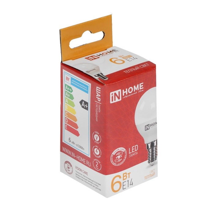 Лампа светодиодная IN HOME, Е14, G45, 6 Вт, 540 Лм, 3000 К, теплый белый Лампа светодиодная IN HOME, Е14, G45, 6 Вт, 540 Лм, 3000 К, теплый белый