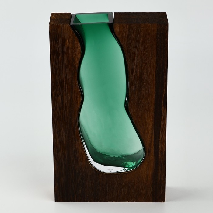 Ваза для цветов «Органик» из зеленого стекла с деревянной подставкой 24×14,5×4 см