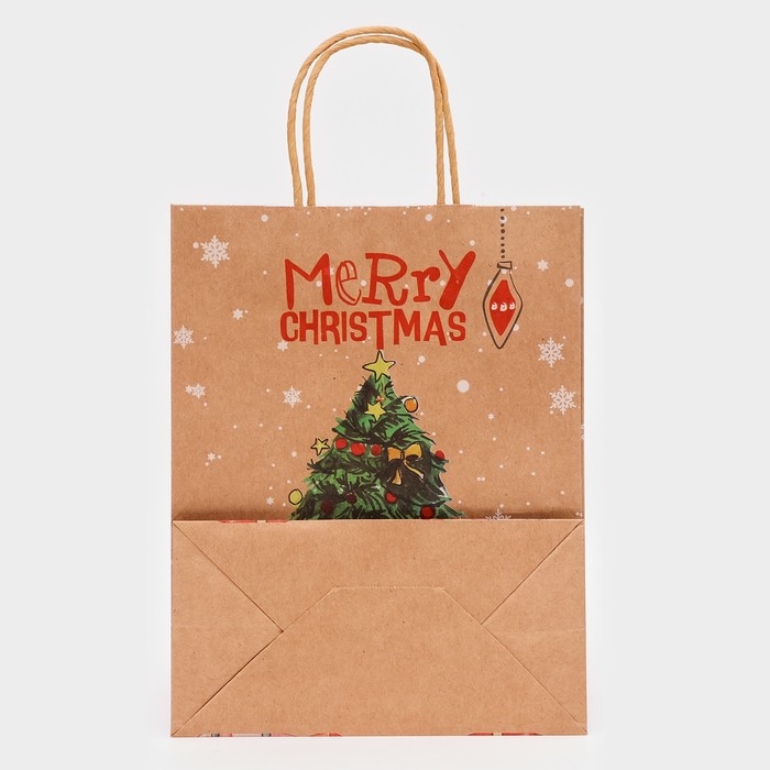 Новый год. Пакет бумажный подарочный новогодний крафт Новый год. Пакет бумажный подарочный новогодний крафт "Новогодяя ёлка", 27 х 21 х 11 см.