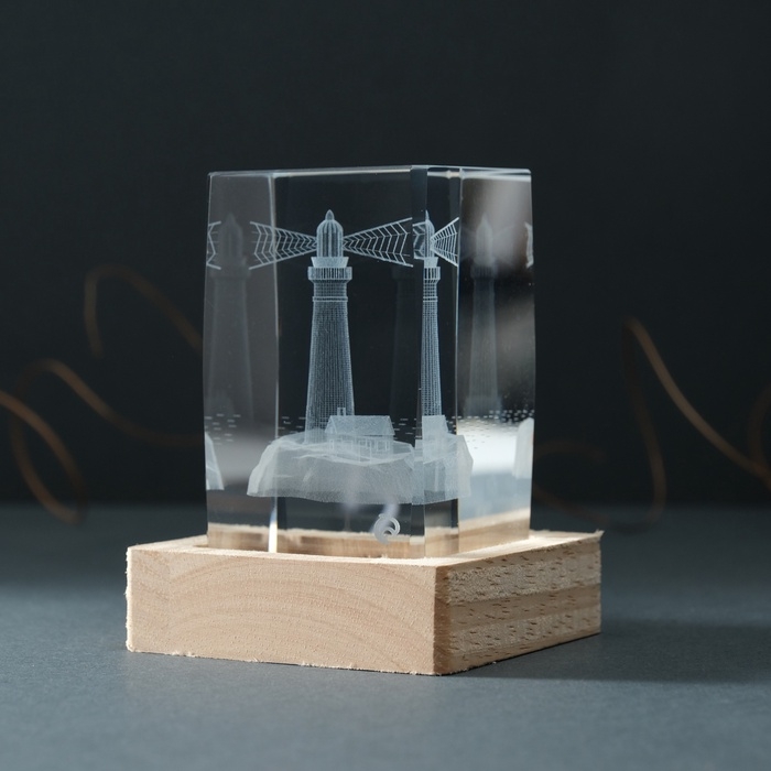 Сувенир стекло подсветка  Сувенир стекло подсветка "Прямоугольник. Маяк" подставка дерево, USB 7х7х10