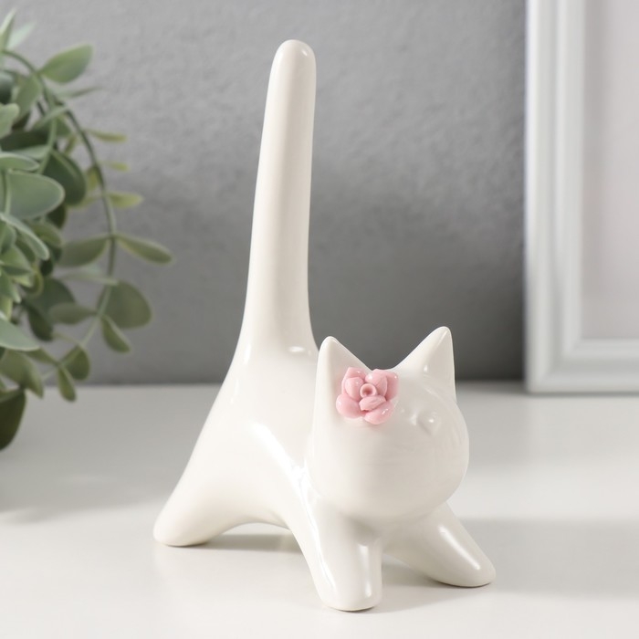 Сувенир керамика Сувенир керамика "Котик белый с длинным хвостом и розовым цветком" 9,4х5,3х14 см
