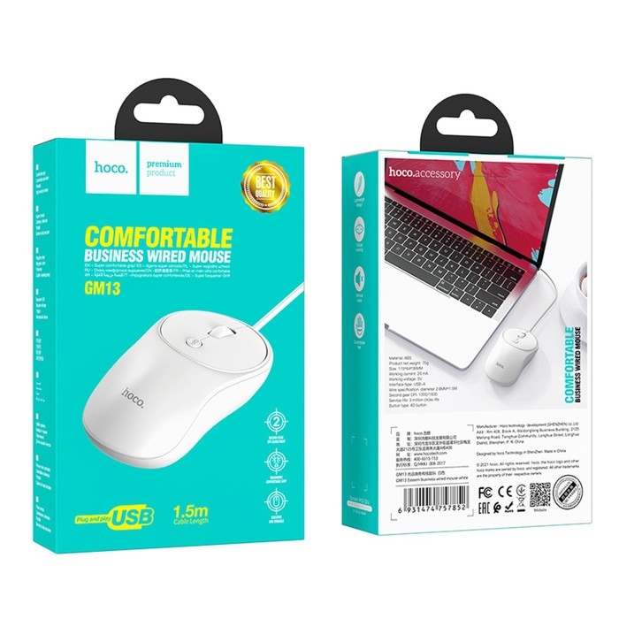 Мышь Hoco GM13, проводная, оптическая, 1000-1600 dpi, 1.5 м, белая Мышь Hoco GM13, проводная, оптическая, 1000-1600 dpi, 1.5 м, белая