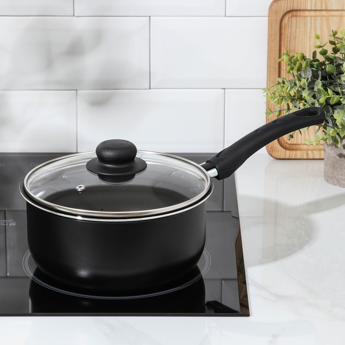 Ковш Consul, 2,7 л, стеклянная крышка, пластиковая ручка, антипригарное покрытие, цвет чёрный Ковш Consul, 2,7 л, стеклянная крышка, пластиковая ручка, антипригарное покрытие, цвет чёрный